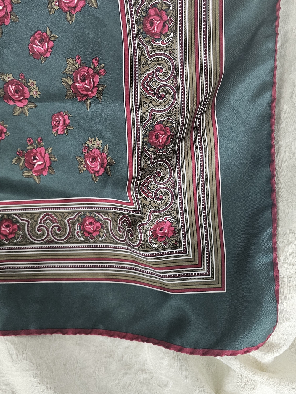 Vtg Italian Pure Silk Square Scarf Pink Roses Scroll Paisley Border Dark Green - Picture 5 of 8